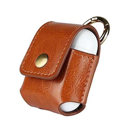 Product Cover Leather AirPods Case, JellyBlue Genuine Leather Snap Closure Protective Cover, Little Natural Cowhide AirPods Pouch with Hook, Endurable Shockproof, Easy to Sync and Charging for Apple AirPods