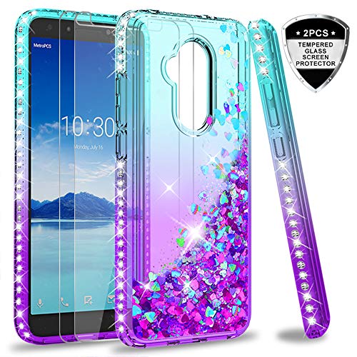 Product Cover Alcatel 7 Phone Case, T-Mobile Revvl 2 Plus Case (Not fit Revvl 2) with Tempered Glass Protector [2 Pack] for Girl Women,LeYi Glitter Bling Diamond Liquid Phone Case for Alcatel 7 Folio ZX Teal/Purple