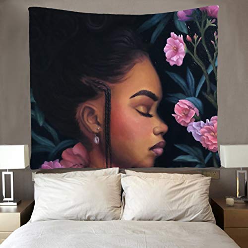 Product Cover SARA NELL Black Art Wall Tapestry Hippie Art African American Girl with Flower Tapestries Wall Hanging Throw Tablecloth 50X60 Inches for Bedroom Living Room Dorm Room