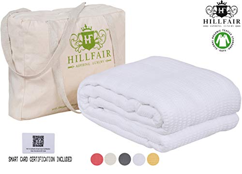 Product Cover HILLFAIR 100% Certified Organic Cotton Winter Blankets- Queen Size Bed Blankets- All Season Cotton Blanket- White Queen Cotton Blanket- Soft Multipurpose Queen Blankets - Organic Cotton Bed Blankets