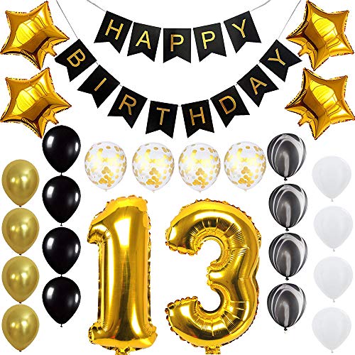 Product Cover Happy 13th Birthday Banner Balloons Set for 13 Years Old Birthday Party Decoration Supplies Gold Black