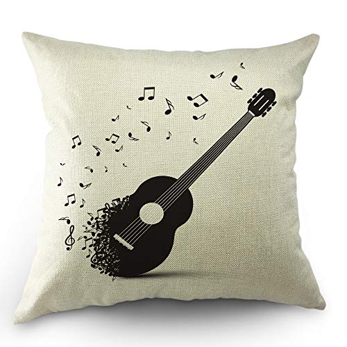 Product Cover Moslion Guitar Pillows Decorative Throw Pillow Cover Acoustic Guitar on Retro Murky Background with Music Notes Melody Pillow Case 18x18 Inch Cotton Linen Square Cushion Cover for Sofa Bed Black