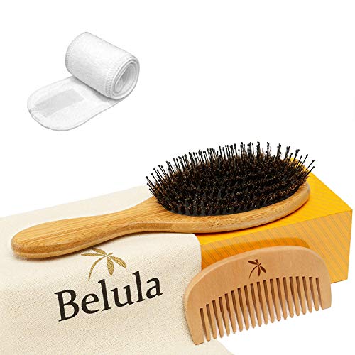 Product Cover Detangling Boar Bristle Hair Brush Set. Hairbrush for Thick, Long and Curly Hair. Restores Shine and Texture to Your Hair. Wooden Comb, Travel Bag & Spa Headband Included