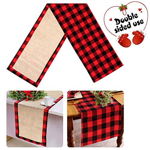 Product Cover AerWo Cotton & Burlap Buffalo Check Table Runner, Christmas Reversible Buffalo Plaid Table Runner for Christmas Table Decoration, Lumberjack Themed Birthday Party Decorations. 14 x 72 Inch