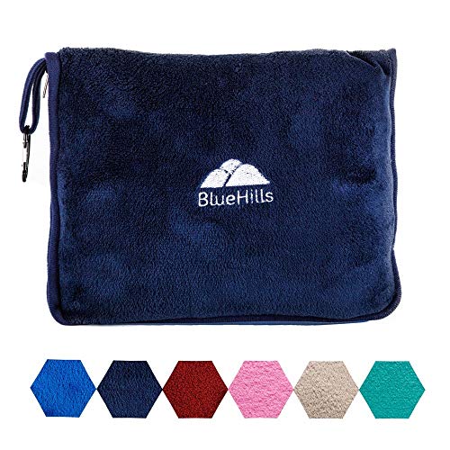 Product Cover BlueHills Premium Soft Travel Blanket Pillow Airplane Blanket Packed in Soft Bag Pillowcase with Hand Luggage Belt and Backpack Clip, Compact Pack Large Blanket for Any Travel (Navy Blue T002)