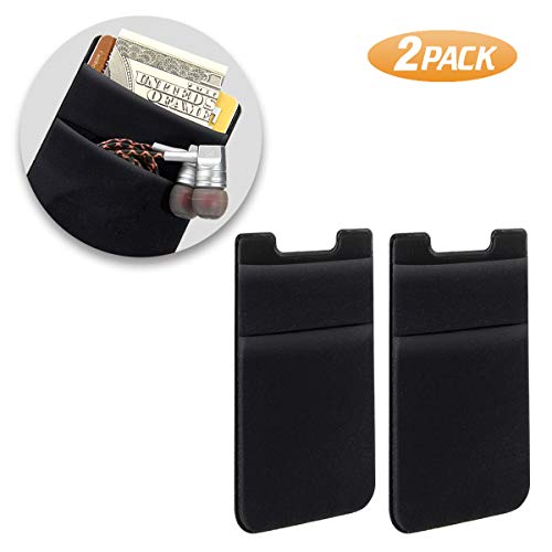 Product Cover SHANSHUI Phone Card Holder, Double Slots Secure Lycra Spandex Slim Adhesive Stretchy Credit Card Holder Case Stick On Pouch for Smart Phones (Black) - 2 Packs