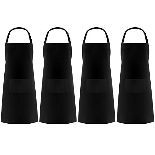 Product Cover Syntus Adjustable Bib Apron Waterdrop Resistant with 2 Pockets Cooking Kitchen Aprons for Women Men Chef, Black Pack of 4