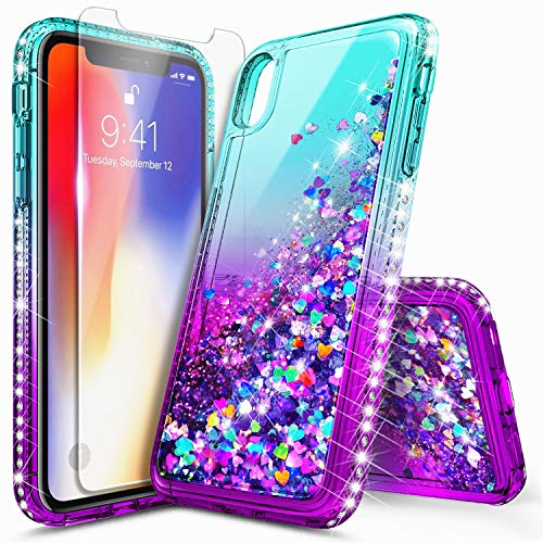 Product Cover iPhone Xs Case, iPhone X Glitter Case with Tempered Glass Screen Protector for Girls Women, NageBee Bling Floating Liquid Waterfall Sparkle Durable Cute Case for iPhone X/XS 5.8 Inch -Aqua/Purple