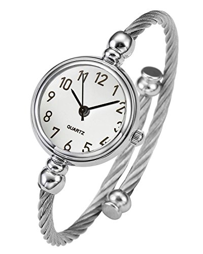 Product Cover Top Plaza Womens Fashion Silver Tone Analog Quartz Bangle Cuff Bracelet Wrist Watch, Unique Elegant Stainless Steel Wire Band, Arabic Numerals - White
