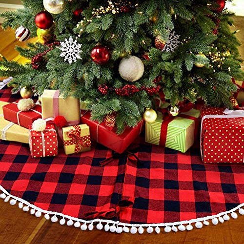 Product Cover OurWarm 48 Inch Buffalo Plaid Christmas Tree Skirt Red and Black Buffalo Check Tree Skirt with Pom Pom, Double Layers Xmas Tree Skirt for Holiday Christmas Decorations