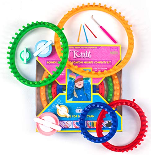 Product Cover Mira HandCrafts Mira Handcrafts Complete Round Knitting Loom Kit | 4 Knitting Circle Looms, 4 Pompom Makers, 3 Plastic Needles, 1 Soft Grip Pick | Perfect Crochet Craft Kit for Beginners