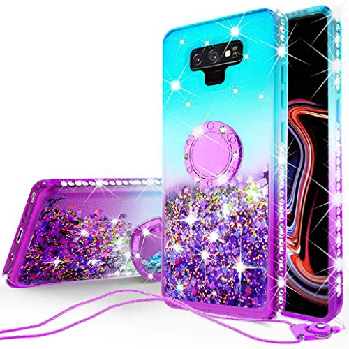 Product Cover SOGA Rhinestone Glitter Bling Liquid Floating Quicksand Cute Phone Case Compatible for Samsung Galaxy Note 9 Case with Embedded Metal Ring for Magnetic Car Mounts Include Lanyard - Purple on Mint