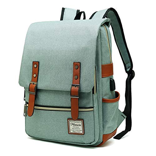 Product Cover Mancio Slim Laptop Backpack with USB Charging Port,Vintage Tear Resistant Business Bag for Travel,ÿCollege, School, Casual Daypacks for Man,Women, Fits up to 15.6Inch MacBook, Green