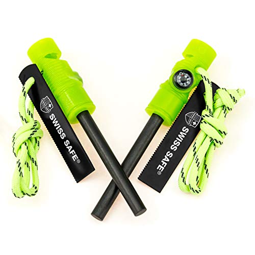 Product Cover Swiss Safe 5-in-1 Fire Starter with Compass, Paracord and Whistle (2-Pack) for Emergency Survival Kits, Camping, Hiking, All-Weather Magnesium Ferro Rod (Glow in The Dark)
