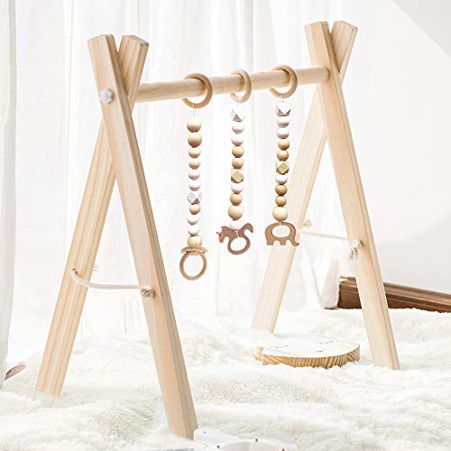 Product Cover HAN-MM Wood Baby Gym with 3 Wooden Baby Teething Toys Foldable Baby Play Gym Frame Activity Gym Hanging Bar Newborn Gift Baby Girl and Boy Gym