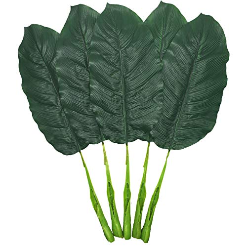 Product Cover Fake Leaves 25'' Large Artificial Palm Leaves Banana Leaves Tropical Plant Green Single Leaf Palm Fronds Hawaiian Luau Party Theme Palm Sunday Decorations 5 Pcs (Dark Green)