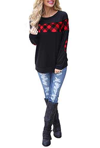 Product Cover Blooming Jelly Women's Color Block Plaid Shirt Crew Neck Elbow Patches Pullover Sweatshirt Top