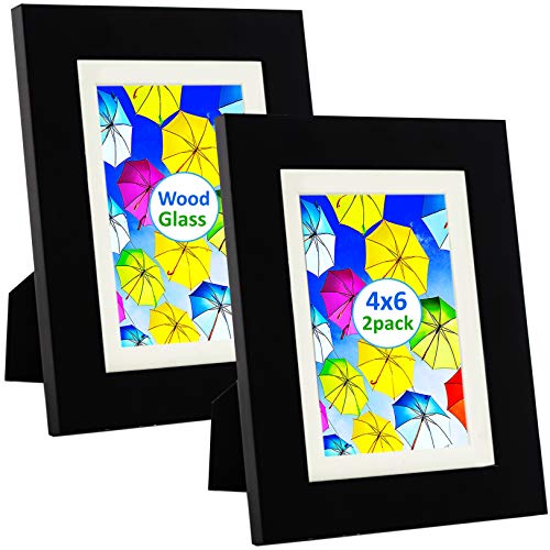 Product Cover SpoiledHippo 4x6 Picture Frame Black with Mat (2 Pack) - Solid Wood Photo Frames with Glass - Cute Small Frame for 4 by 6 Inch Photos - Wall, Table Top or Desk - Standing - Collage, Family, Postcard
