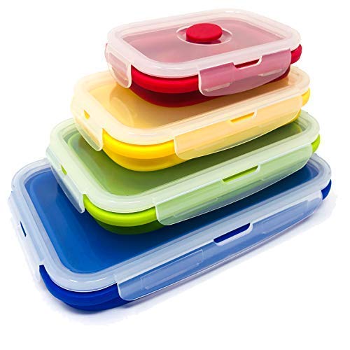 Product Cover Set of 4 Collapsible Silicone Food Storage Container, Leftover Meal box For Kitchen, Bento Lunch Boxes, BPA Free, Microwave, Dishwasher and Freezer Safe. Foldable Thin Bin Design Saves Your Space.