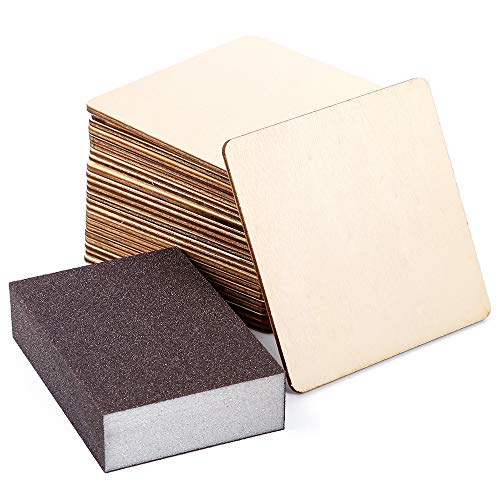 Product Cover Caydo 24 Pieces 4 Inch Christmas Square Unfinished Blank Wood Squares Slices Unfinished Wood with Sanding Sponge for Pyrography, Painting, Writing, Drinks DIY Craft, Photo Props and Decoration
