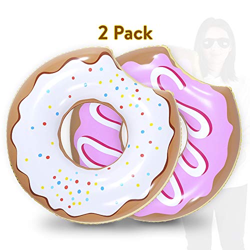 Product Cover Donut Float, 2 Pack Inflatable Donut of 33 Inches for Party (Strawberry & Chocolate), Pool or Beach Toy for Kids