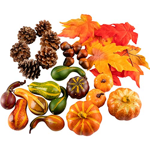 Product Cover Whaline Artificial Maple Leaves, Harvest Pumpkins, Gourds, Pine Cones and Acorns Set for Autumn, Fall and Thanksgiving Home Table Decoration, 31 Pieces