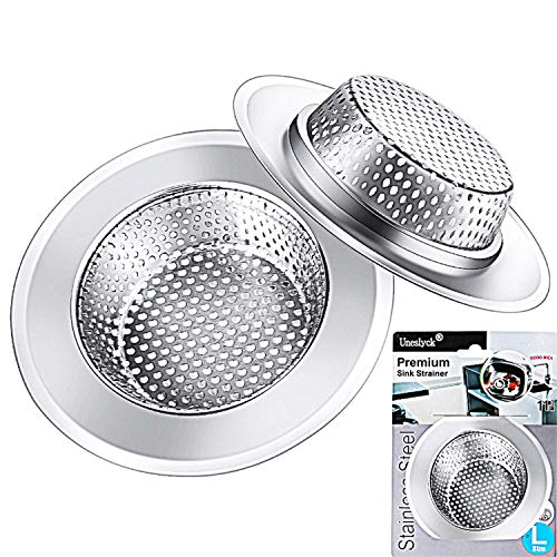 Product Cover Uneslyck 2PCs Premium Kitchen Sink Strainer, Anti-Clogging Stainless Steel Sink Disposal Stopper, Perforated Basket Drains Sieve for Kitchen Sink Drain - Large Wide Rim 4.5'' Diameter/Silver/Polished