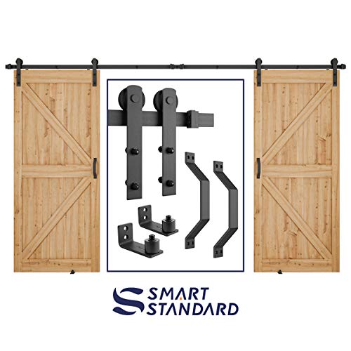 Product Cover 10 FT Heavy Duty Double Gate Sliding Barn Door Hardware Kit, 10ft Double Rail, Black, (Whole Set Includes 2X Pull Handle Set & 2X Floor Guide) Fit 30