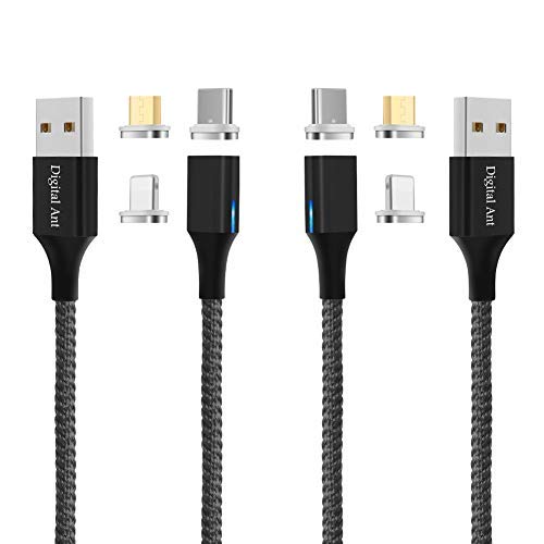 Product Cover Digital Ant Gen-X USB C+Micro USB+i-Product 3 Tips in 1 Nylon Braided Magnetic Fast Charging & Data Sync Cable Compatible with USB-C, Micro-USB and i-Product (5-Feet Grey, 2-Pack)