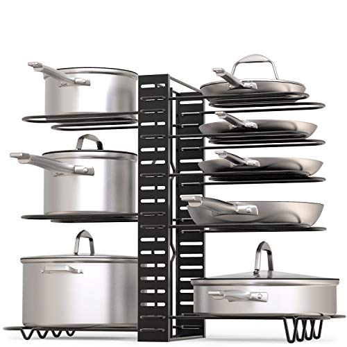 Product Cover Pot Rack Organizer, 3 DIY Methods, Height and Position are Adjustable 8+ Pots Holder, Black Metal Kitchen Cabinet Pantry Pot Lid Holder