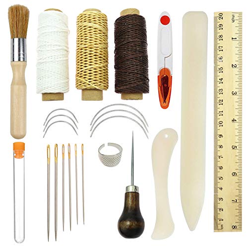 Product Cover Bookbinding Tools Kits,Sewing Tools for Leather,Bone Folder Paper Creaser,Waxed Thread,Wood Handle Awl,Large-Eye Needles,Bind Clips for DIY Bookbinding Crafts Sewing (23 Pcs)