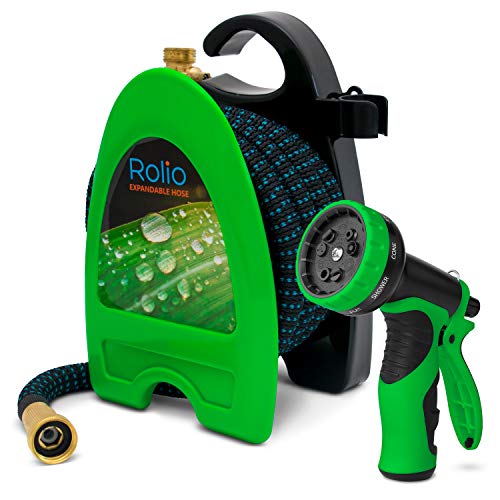 Product Cover Rolio Expandable Garden Hose with Hose Reel - 50 FT Garden Hose with 9 Function Spray Nozzle Included, 3/4