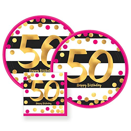 Product Cover Amscan Pink & Gold 50th Birthday Party Paper Plates and Paper Napkins, 16 Servings, Bundle- 3 Items