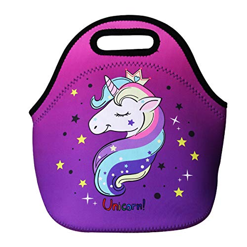 Product Cover Cute Unicorn Lunch Bag for Kids, Waterproof Insulated Neoprene Lunch Tote with Zipper for School Work Outdoor (Purple)