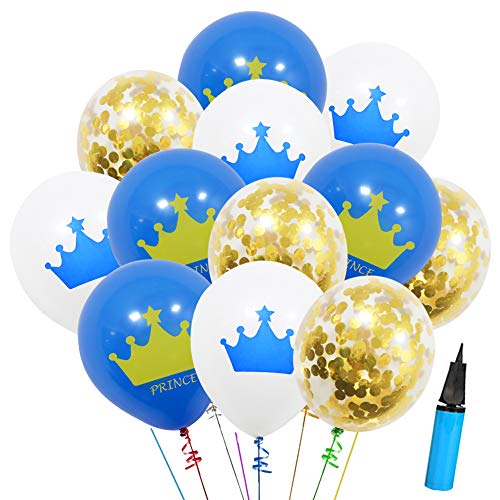 Product Cover 36 Pcs Birthday Party Royal Blue Crown Pattern and Gold Confetti Balloons for Kids Birthday Party, Baby Shower, Festival Party Decorations (Prince Crown Balloons)