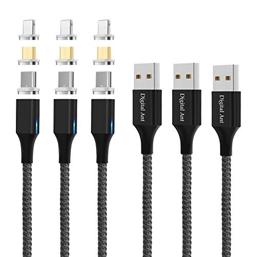 Product Cover Digital Ant Gen-X Micro USB + USB-C/Type-C + i-Product 3 Tips in 1 Nylon Braided Magnetic Charging Cable, Support 3.0A Fast Charging & Data Transfer (5-Feet Grey 3-Pack, 5 Feet)