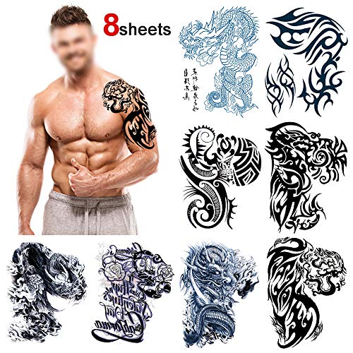 Product Cover Konsait Large Temporary Tattoos Half Arm Chest Tattoo Men Tribal Totem Tattoo Make up Body Art Sticker for Halloween Party Supplies Beach Pool Party Favor Decor Dress up Costume Accessories(8Sheets)