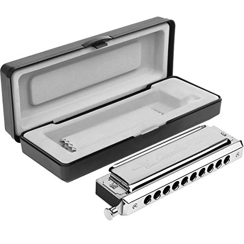Product Cover Chromatic Harmonica Professional Grade 10 Hole 40 Tone Key of C Stainless Steel Heavy Duty with Case & Cleaning Cloth for Professional Player,Band,Beginner,Students,Children,Kids