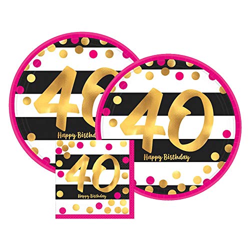 Product Cover Amscan Pink & Gold 40th Birthday Party Paper Plates and Paper Napkins, 16 Servings, Bundle- 3 Items