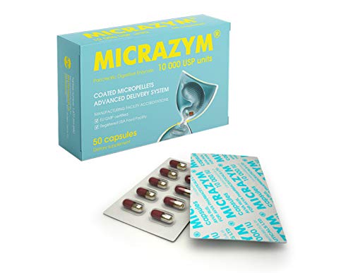 Product Cover Micrazym Pancreatic Enzymes : 10,000 USP for Healthy Digestion. High Concentration Enteric Coated Digestive Enzymes - Pancreatin (Amylase, Lipase, Protease) - 50 Capsules