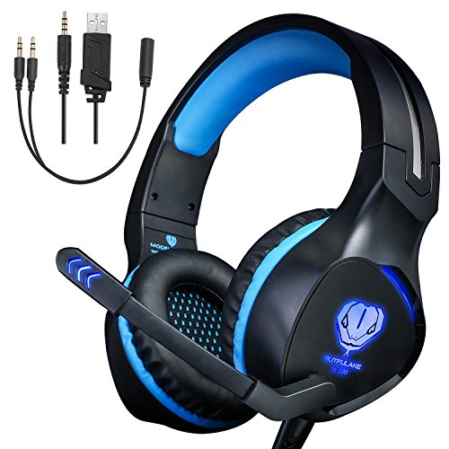 Product Cover Xbox One Headset,Gaming Headset for PS4 PC Mobile Phone,3.5 mm Gaming Headset LED Light Over-Ear Headphones with Volume Control Microphone for Xbox PS4 Laptop Tablet USB Lighting WSQiWNi (Blue)