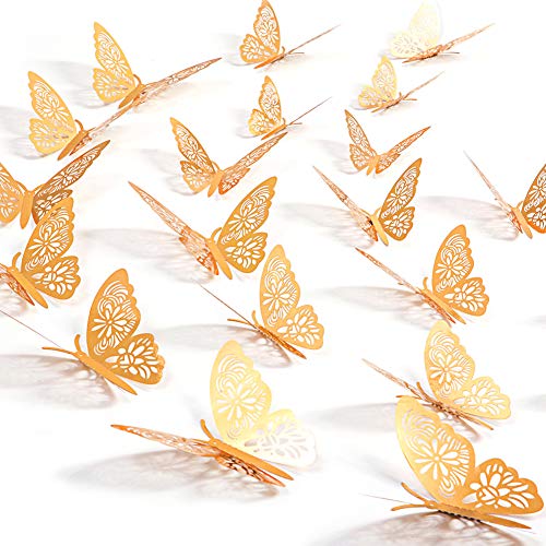 Product Cover Kakuu 24PCS Gold Butterfly Wall Decals - 3D Butterflies Wall Stickers Removable Mural Decor Wall Stickers Decals Wall Decor Home Decor Kids Room Bedroom Decor Living Room Decor
