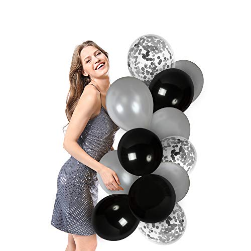 Product Cover Silver and Black Latex Balloons Silver Confetti Balloon 44 Pack Party Supplies for New Year Eve Party Birthday Graduation Decorations