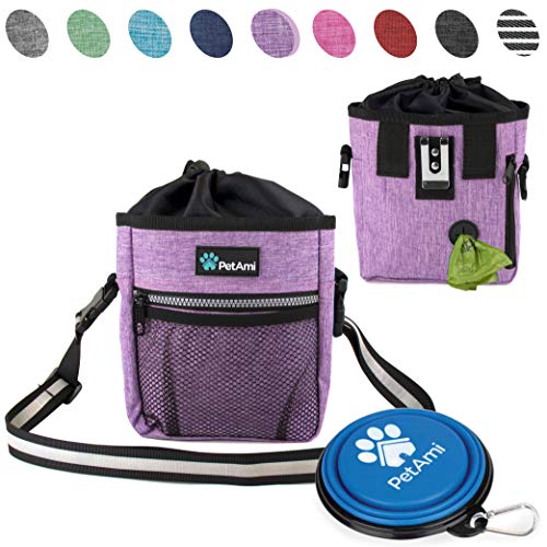 Product Cover PetAmi Dog Treat Pouch | Dog Training Pouch Bag with Waist Shoulder Strap, Poop Bag Dispenser and Collapsible Bowl | Treat Training Bag for Treats, Kibbles, Pet Toys | 3 Ways to Wear (Purple)