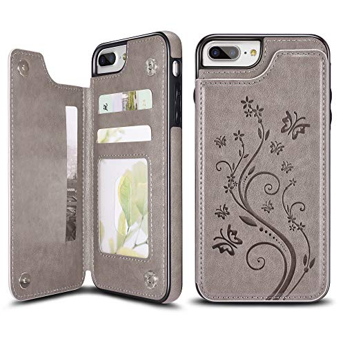 Product Cover UEEBAI Case for iPhone 7 Plus,Luxury PU Leather Case [Two Magnetic Clasp] [Card Slots] Stand Function Butterfly Flower Pattern Durable Soft TPU Back Wallet Cover for iPhone 7 Plus/iPhone 8 Plus -Grey