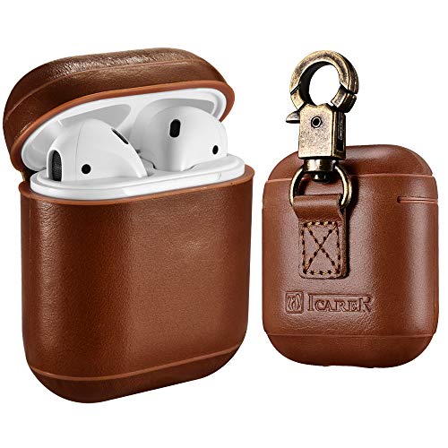 Product Cover AirPods Leather Case with Strap, ICARER Genuine Leather Portable Protective Shockproof Cover for Apple AirPods 1 Case & Airpods 2 case Keychain Support Wireless Charging (Brown)