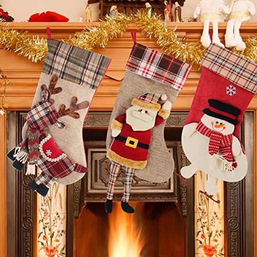 Product Cover Jusdreen Christmas Stockings 3 Pieces Set 18 inches Cute Santa Wapiti Snowman Fireplace Stockings Plush 3D Applique