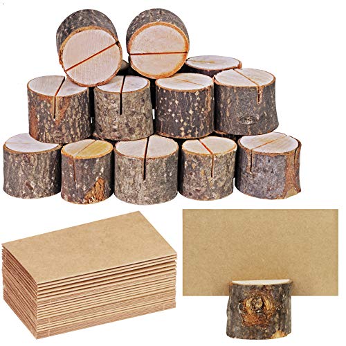 Product Cover Supla 20 Pcs Rustic Wood Place Card Holders Circular Table Numbers Holder Stand Wooden Bark Memo Holder Card Photo Picture Note Clip Holders and Kraft Place Cards Bulk Wedding Party Table Number Sign
