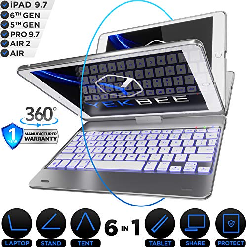 Product Cover iPad Keyboard Case for iPad 2018 (6th Gen) - iPad 2017 (5th Gen) - iPad Pro 9.7 - iPad Air 2 & 1 - Thin & Light - 360 Rotatable - Wireless/BT - Backlit 10 Color - iPad Case with Keyboard (Silver)