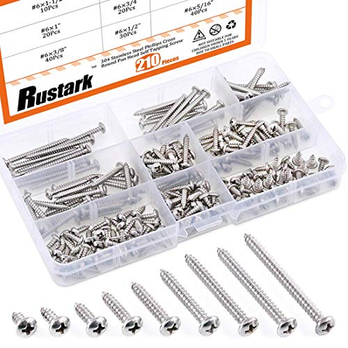 Product Cover Rustark 210-Pcs [# 6 5/16'' to 1-1/2''] 304 Stainless Steel Round Pan Head Phillips Cross Wood Screws Drive Self Tapping Drilling Screws Assortment Kit